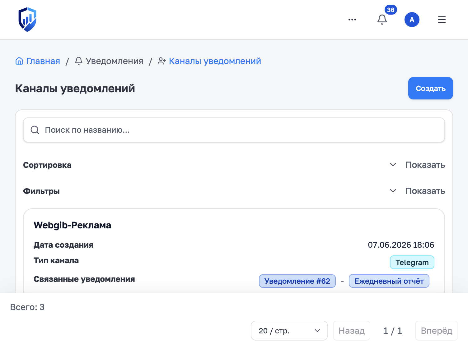 Каналы: Telegram-канал с привязанными уведомлениями