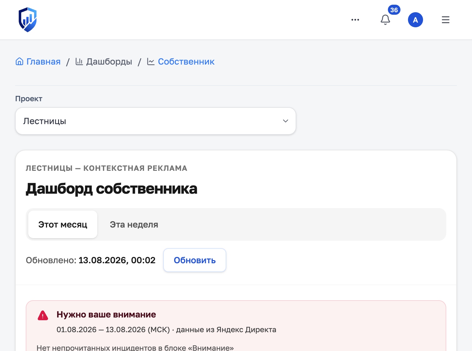 Дашборд собственника с переключателем этот месяц / эта неделя