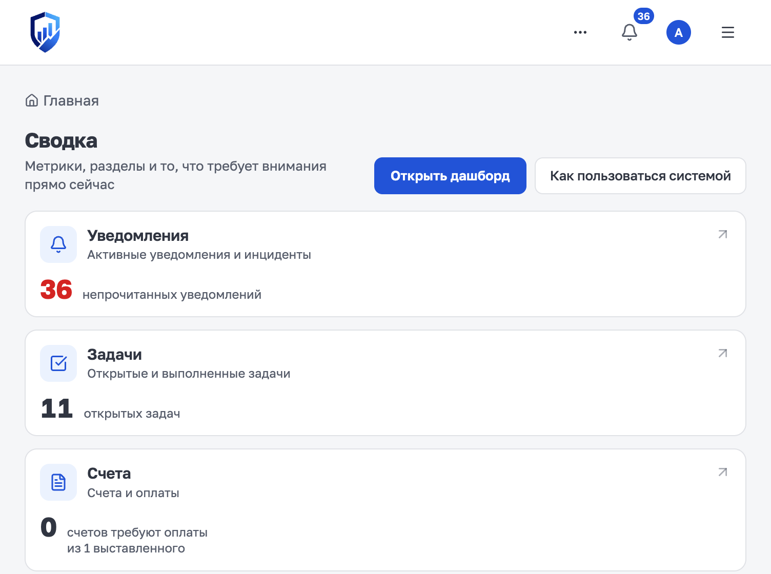 Главная кабинета: сводка по уведомлениям, задачам и счетам