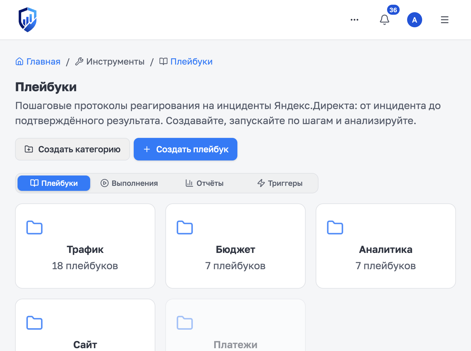 Категории плейбуков: трафик, бюджет, аналитика